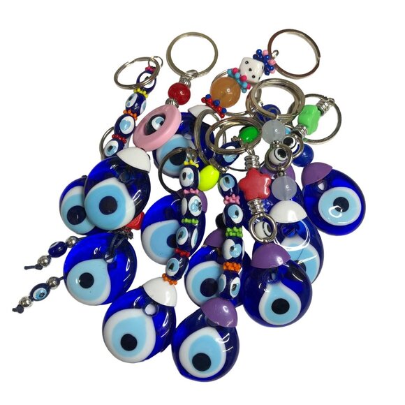 Lot Of 25 Evil Eye Keychains With Assorted Designs & Colors Glass Beads Protecti - Picture 2 of 10